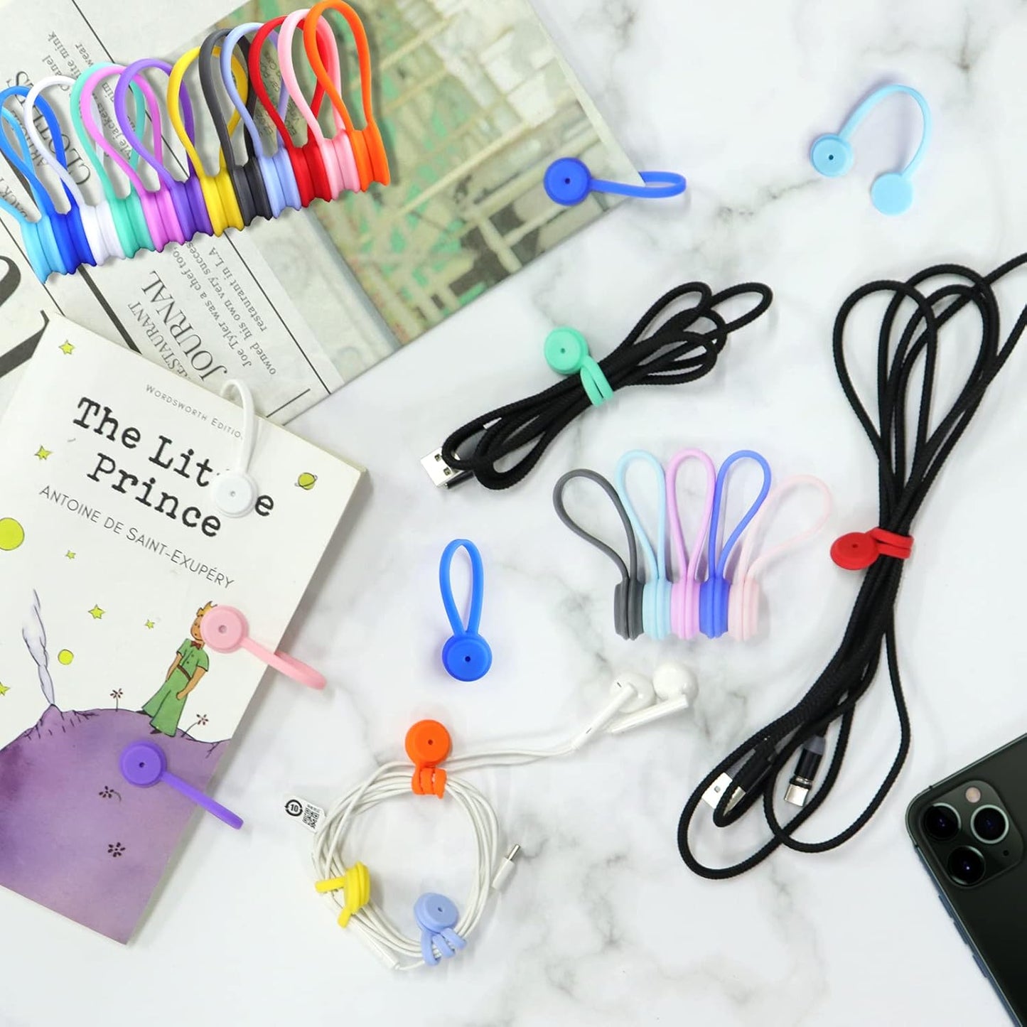 Motiloo 18 Pack Reusable Silicone Magnetic Cable Ties Strong Magnetic Cord Ties for Management Cable Cords Bundling and Organizing,Book Markers,Fridge Magnets USB Cable Manager