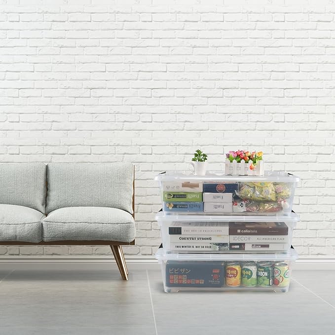 Zopnny 25 Quart Plastic Under Bed Storage Organizer Bin Container with Secure Lids and Durable Buckles, Clear, 3 Pack