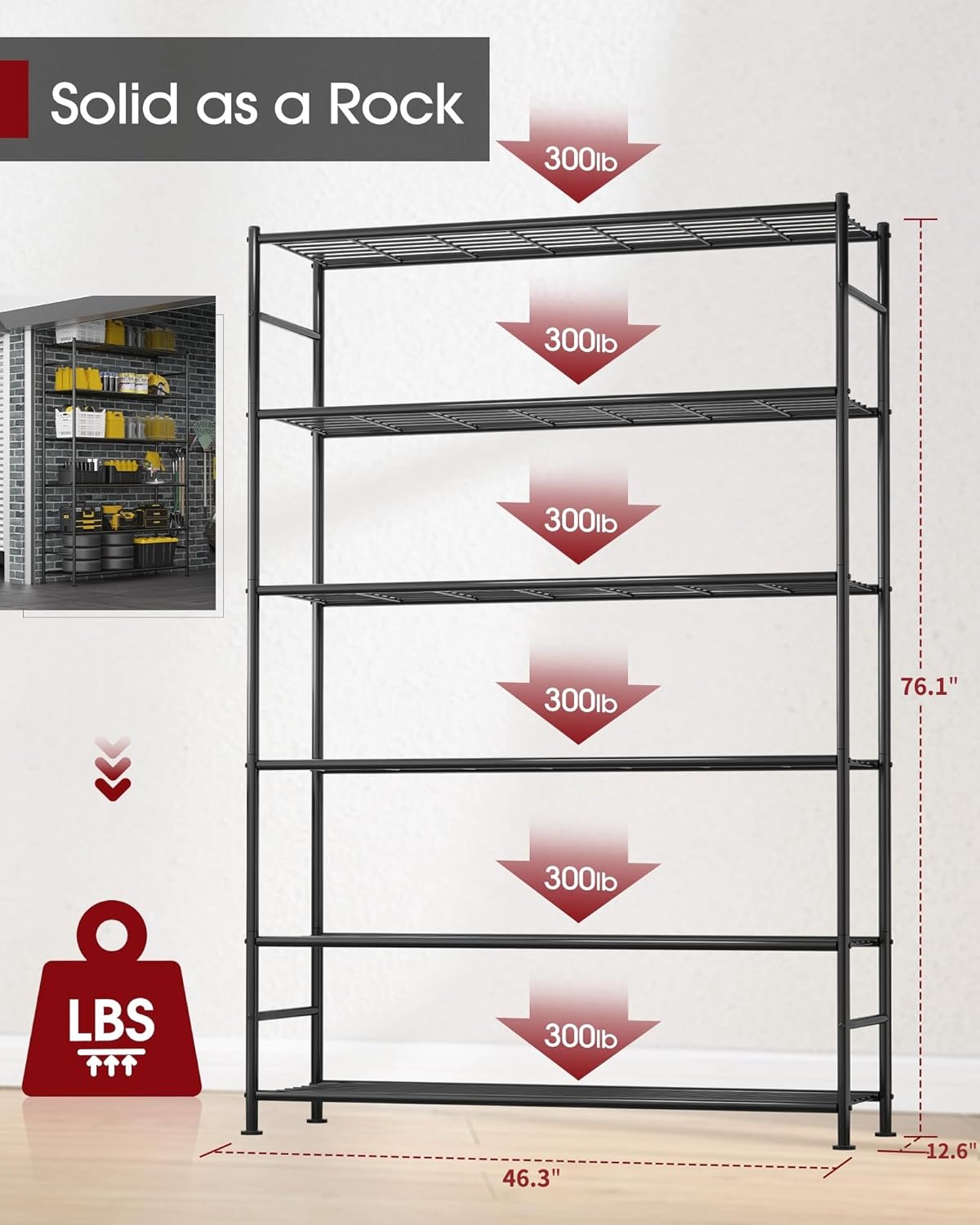 Storage Shelves - 6 Tier Shelf Organizer, Heavy Duty Garage Shelving Unit with Leveling Feet, Stable Metal Shelves Organizer for Pantry, Kitchen and Closet, 46.3" W x 12.6" D x 76.1" H, Black