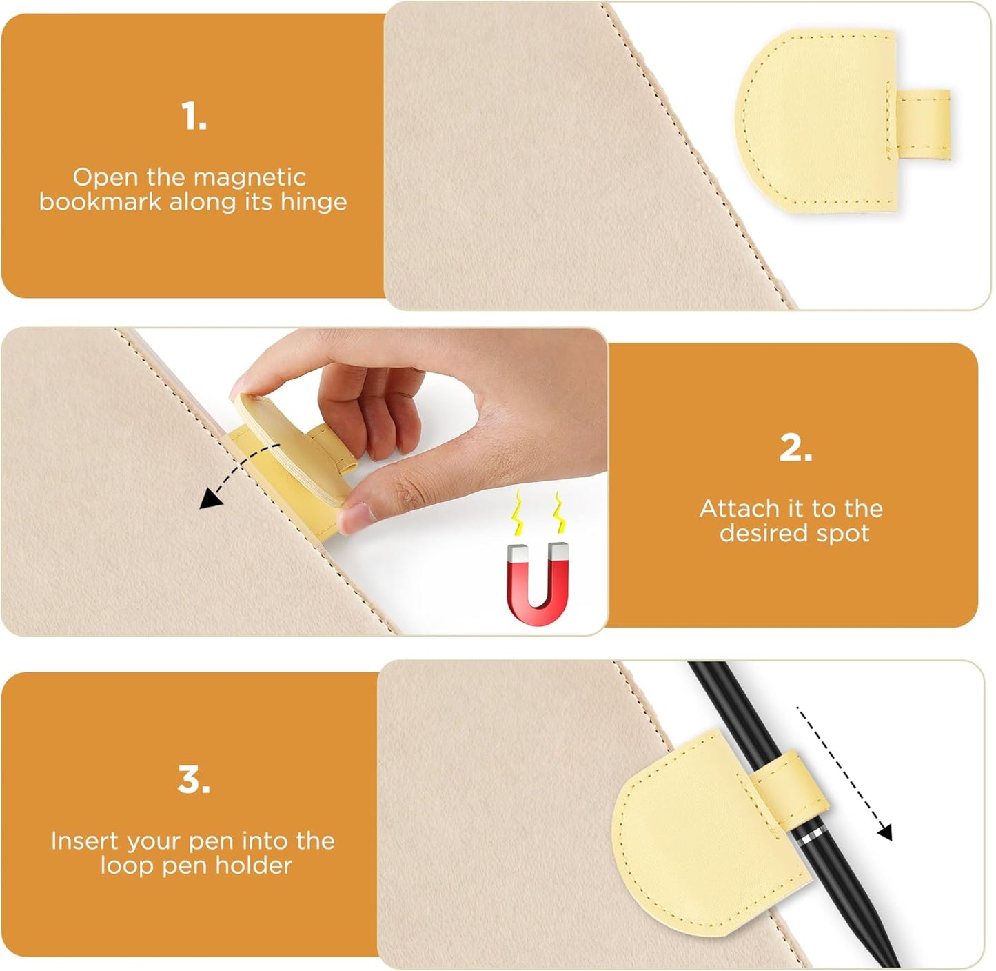 Magnetic Pen Loop Holder, Pencil Holder for Notebooks, Journals, Calendars, PU Leather 3 Pack