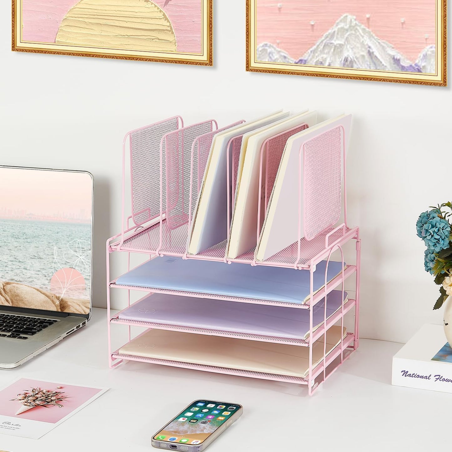 Desk Organizers and Accessories, 3-Tier Paper Organizer with 5 Vertical File Holders, File Organizer for Desk (Pink, 3T)
