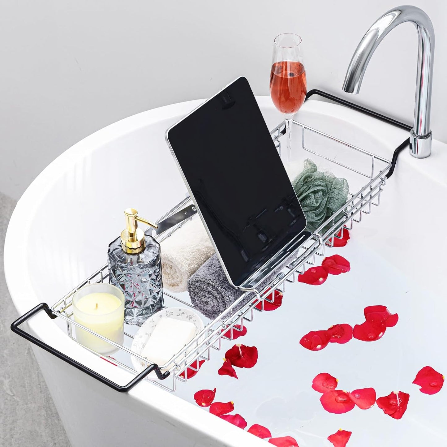 TAILI Bathtub Tray Table for Luxury Bath, Expandable Extra Wide Bthtub Caddy with Reading Holder, 304 Stainless Steel Over The Tub Bath Tray for Bathroom Accessories