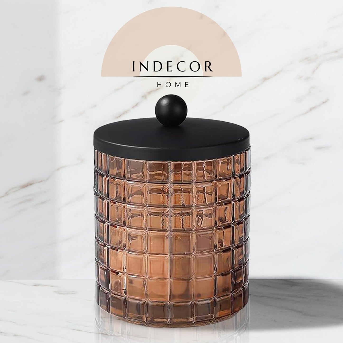 Amber Colored Tranlucent Apothecary Etched Geometric Grid Glass Jar W/Matte Black Metal Lid for Bathroom Organization, Cotton Balls, Q Tips, and Small Accessories, Bathroom Storage
