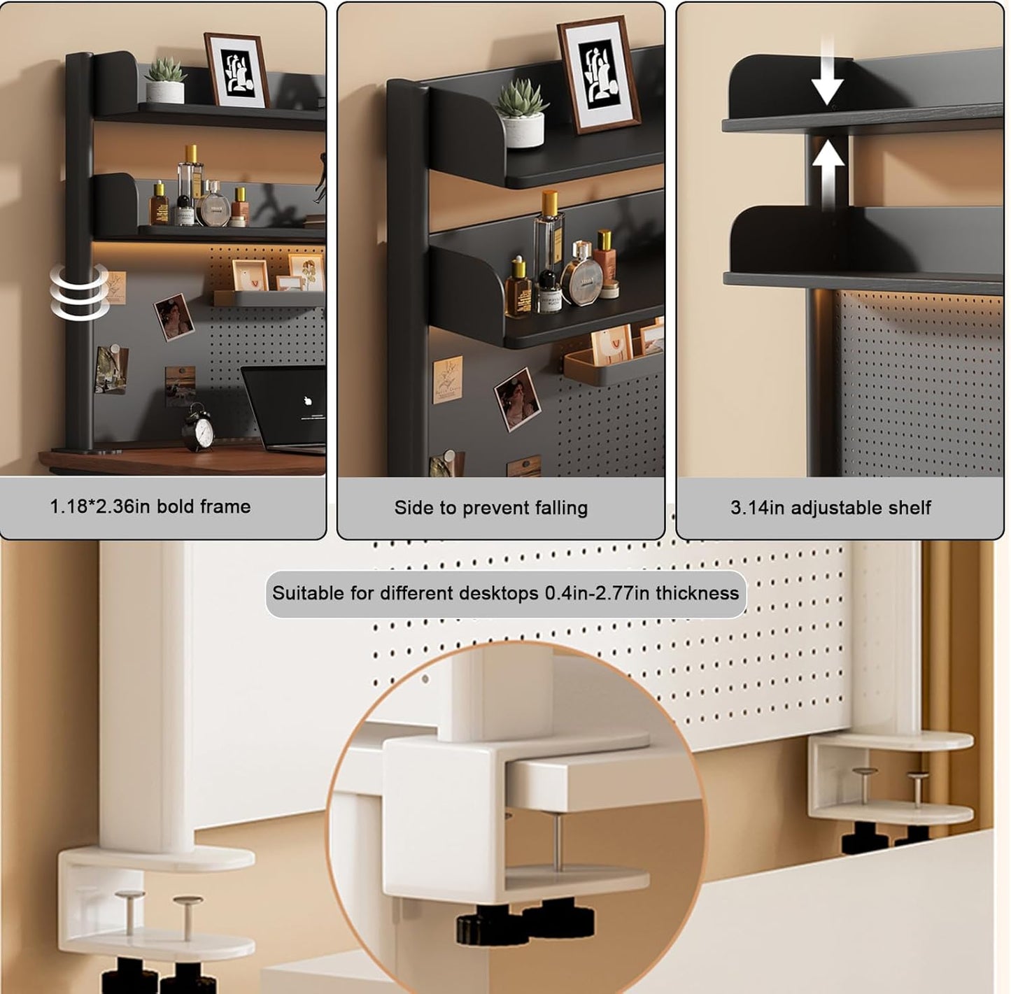 Clamp on Desk Shelf with Pegboard, Black Desktop Bookshelf Organizer Storage Shelves for Home Office Dorm Gaming Desk, Space Saving Tabletop Display Rack Organization (White, 39.3in)