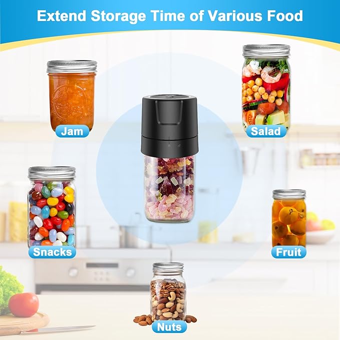 Electric Mason Jar Vacuum Sealer Kit - 2000mAh Battery, Enhanced Motor, Compatible with Wide & Regular Mouth Lids, Ideal for Canning & Sealing, Black