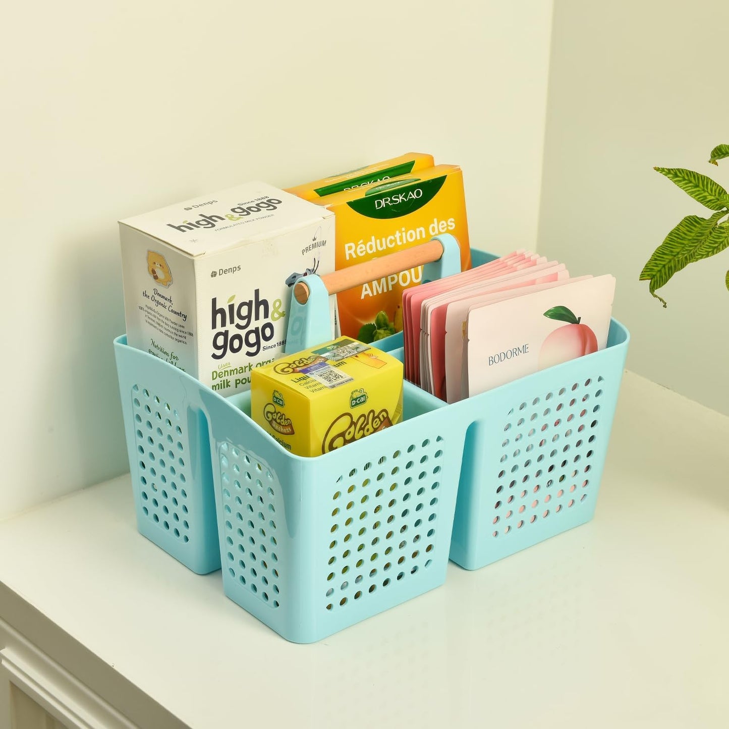 Portable Shower Caddy Basket with Compartments, Plastic Divided Cleaning Caddy Organizer Storage Tote with Handle for Bathroom, College, Dorm Room Essentials, Light Blue