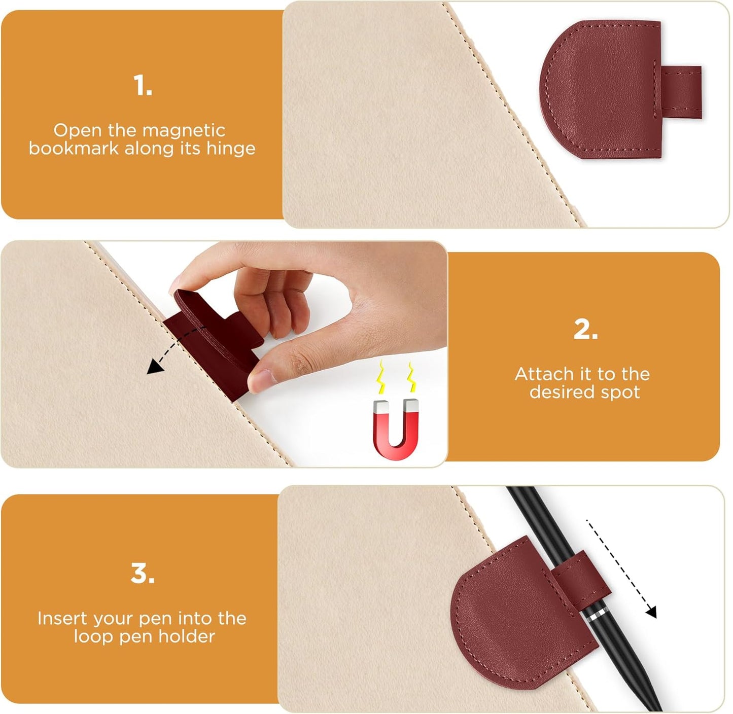 Magnetic Pen Loop Holder, Pencil Holder for Notebooks, Journals, Calendars, PU Leather 5 Pack