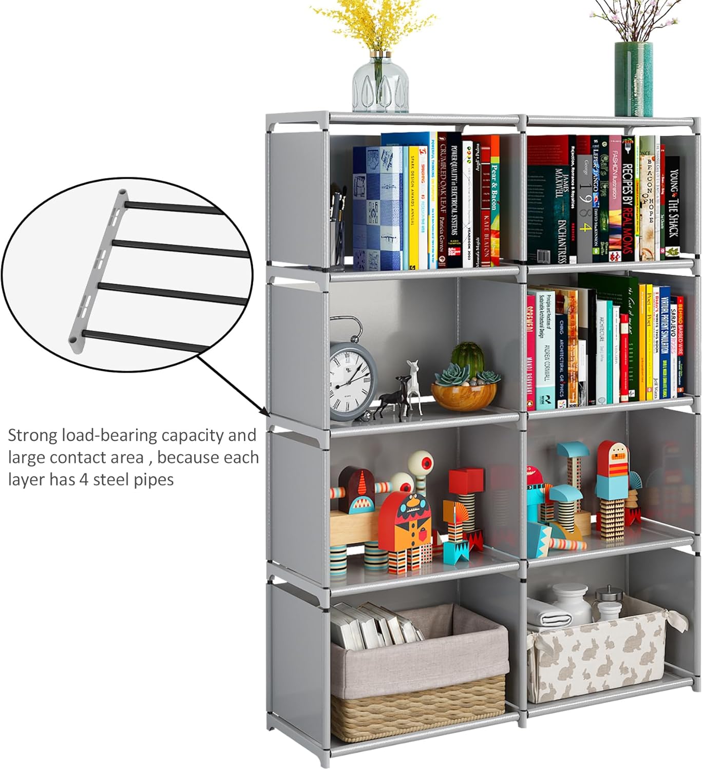 JIUYOTREE 5-Tiers Closet Storage Organizer with Fabric Cloth at Back,Double Row Modular Cubes Bookshelf,Living Room,Study Room,Bedroom,Grey