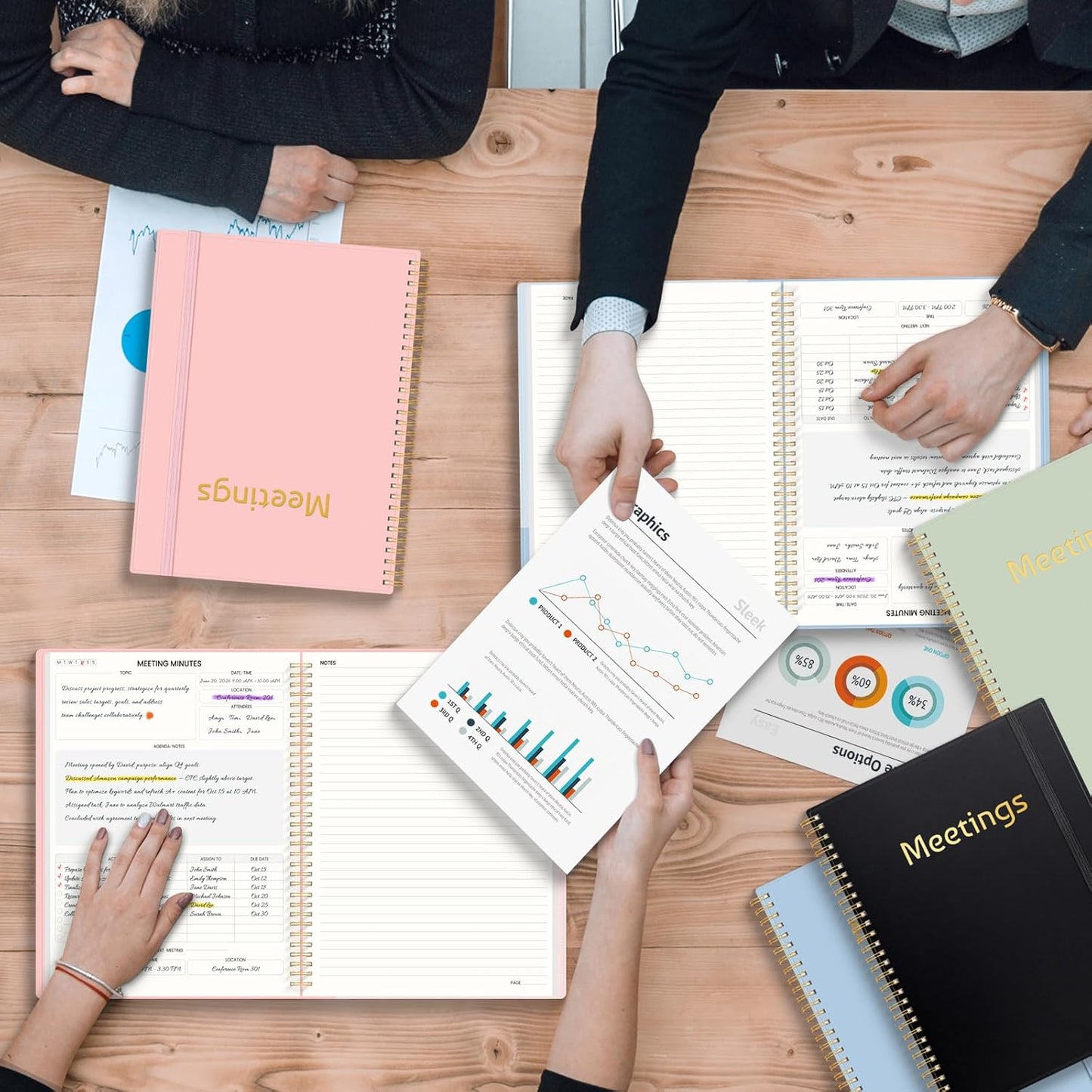 SUNEE Half Meeting Half Note 8.5"x11" Notebook for Work – 140 Pages, A4 Size Project Planner for Women&Men, Minutes Organizer for Meeting Notes, Ideas for Office/Business, PVC Waterproof Cover, Pink