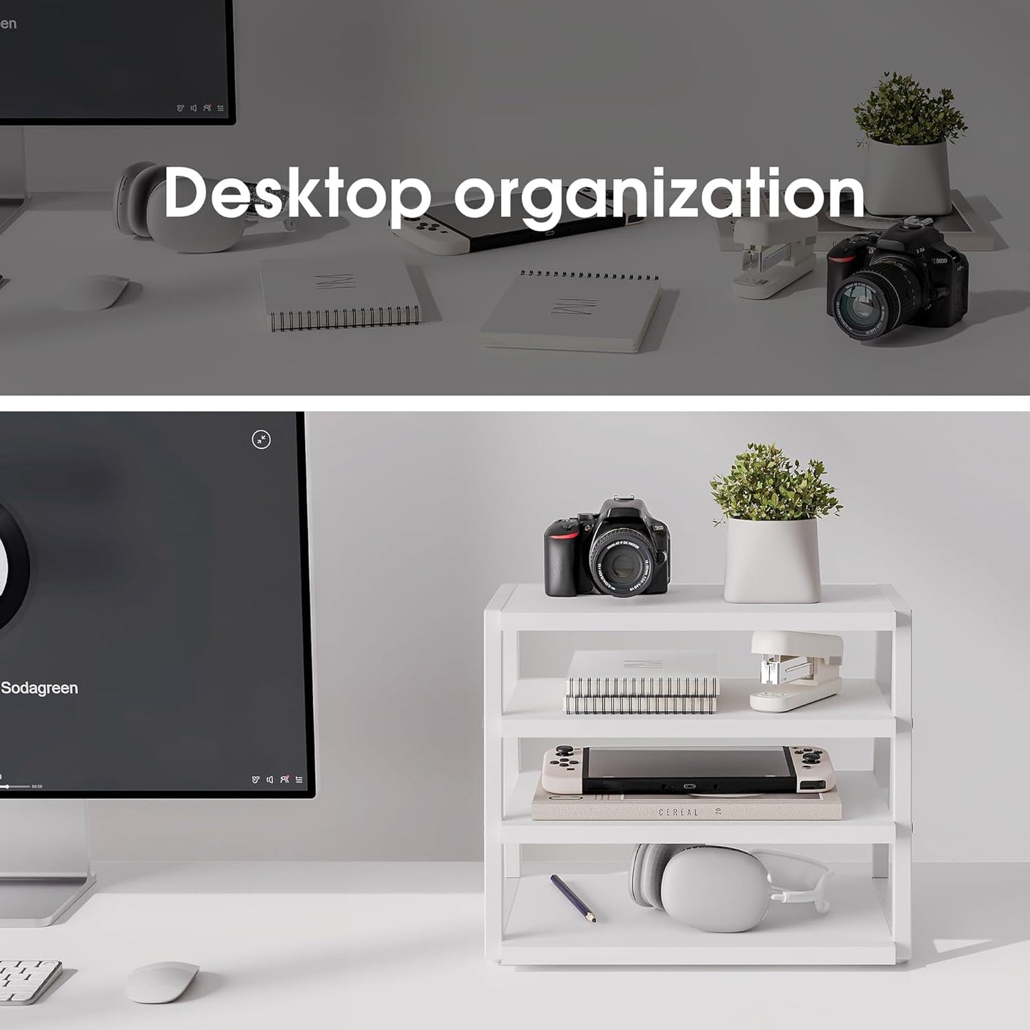 Fenge Desk Shelf Organizer, 4 Tier Desktop Shelf, Wood and Metal Office Shelves, Corner File Organizer for Office Supplies, Top of Desk Organizers and Accessories