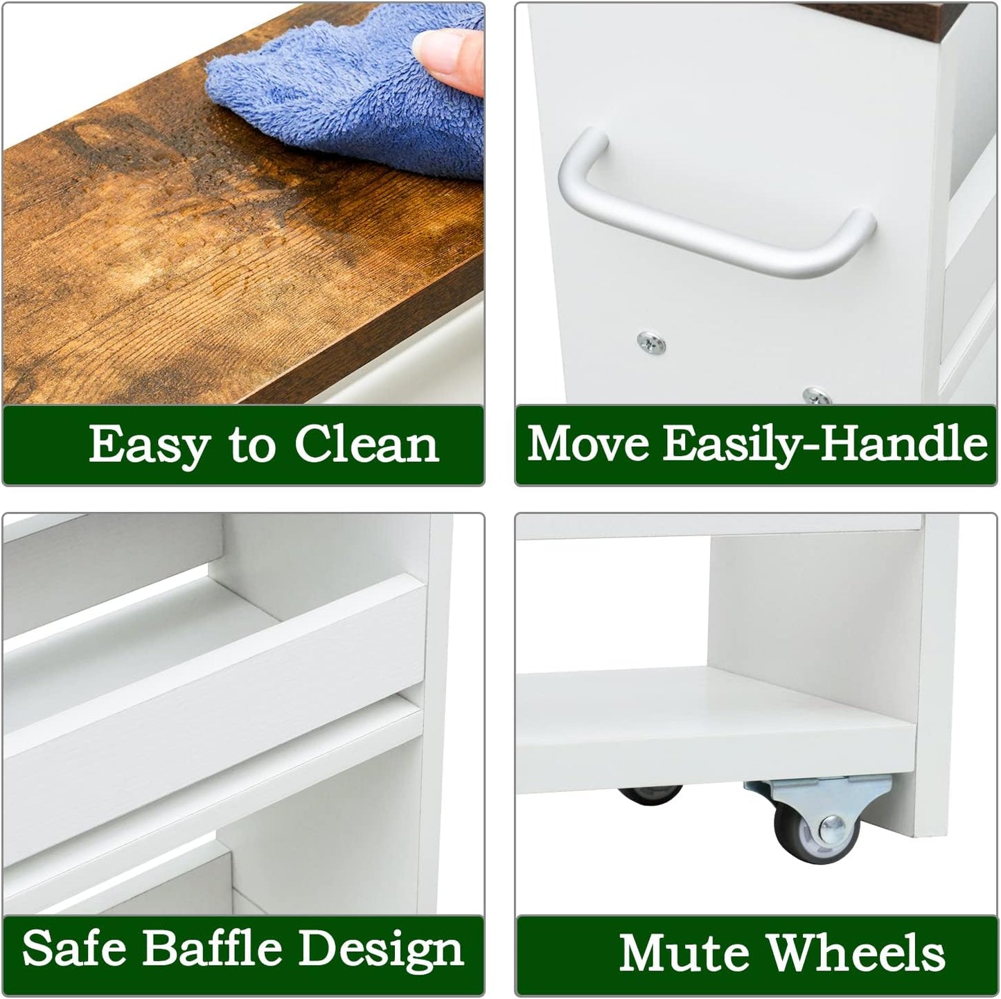 TEAMIX 4 Tier White Slim Storage Cart with Handle, 7.9''W Slide Out Storage Rolling Utility Cart Mobile Shelving Unit Organizer Trolley for Small Spaces Kitchen Laundry Narrow Places