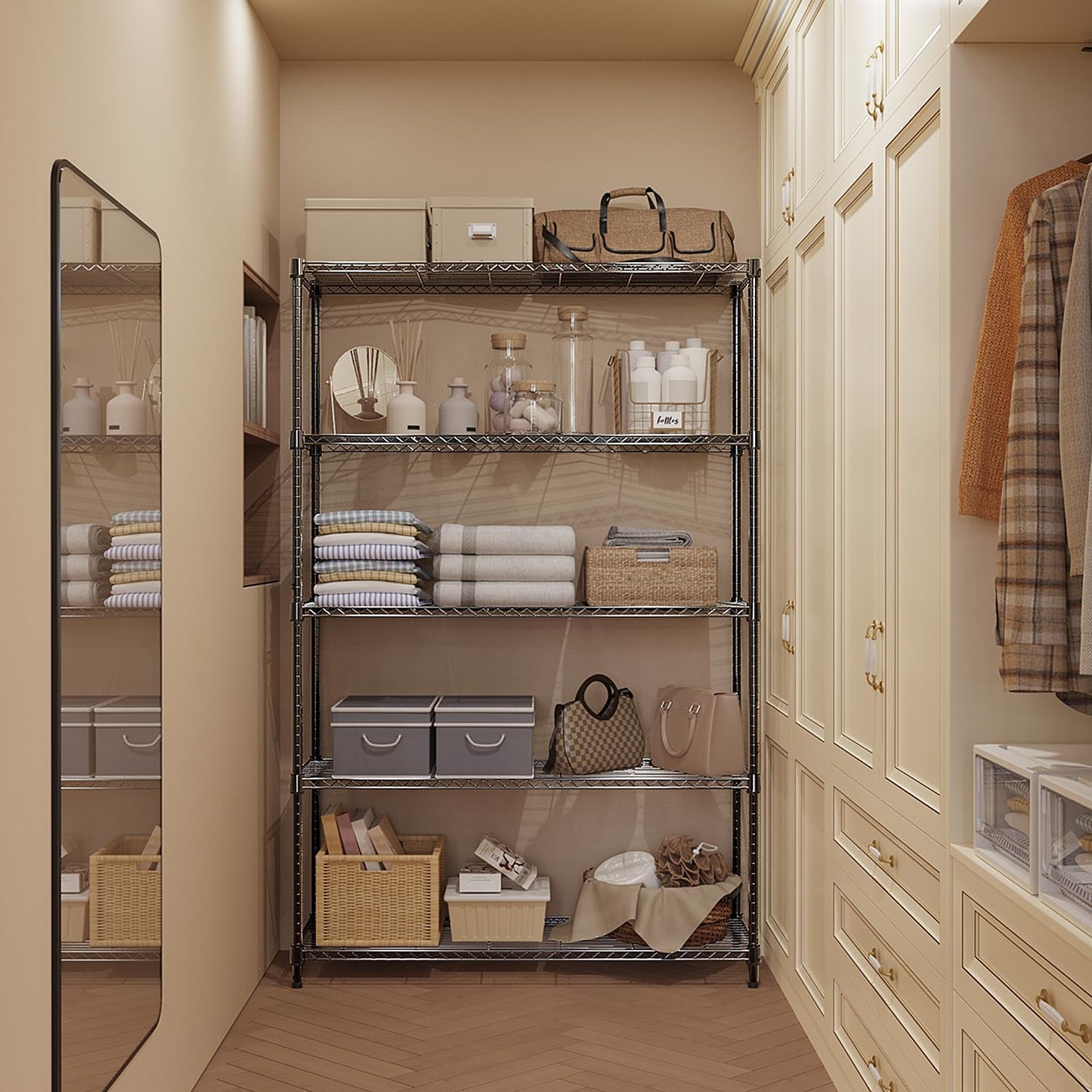 5 Tiers Shelf Metal Storage Shelves Standing 1750 LBs Household Shelf Organizer for Kitchen Pantry Closet Garage Basement Utility Room, Black15.7 D x 45.3" W x 70.4" H