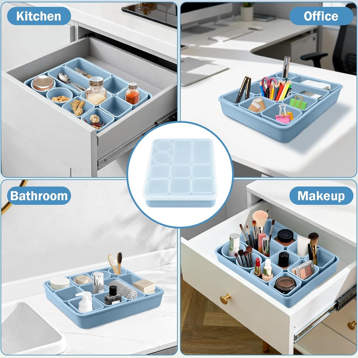 10 PCs Silicone Drawer Organizer Set, Desk and Vanity Makeup Organizer, Versatile Dresser Drawer Organizers for Makeup, DIY Storage, Home Organization, Bedroom, Office