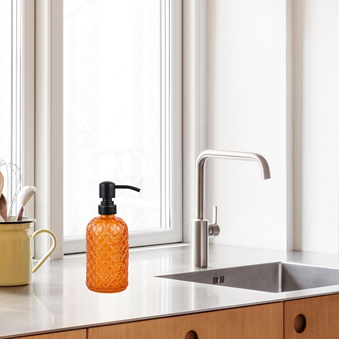 16 oz Glass Soap Dispenser with Stainless Steel Vintage Brushed Bronze Pump Head, Refillable Gemstone Pattern Soap Dispenser for Hand Soap, Dish Soap, and Lotion (Orange)