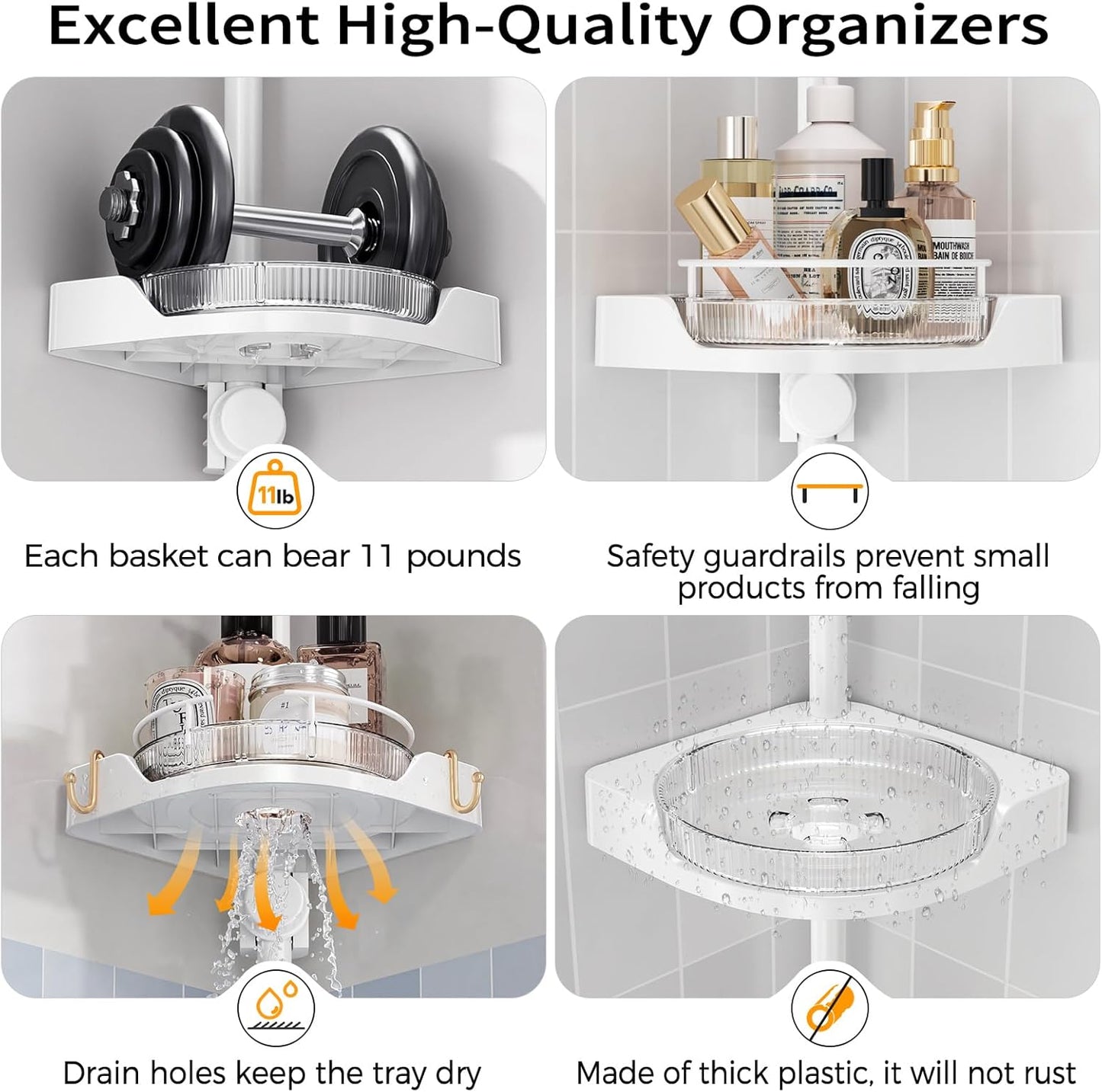 360° Rotating Corner Shower Caddy Tension Pole Organizer - 4-Tier Adjustable Rustproof Metal Pole, Plastic Shelves with Safety Guardrail, Bathroom Storage for Shower & Bathtub(White)