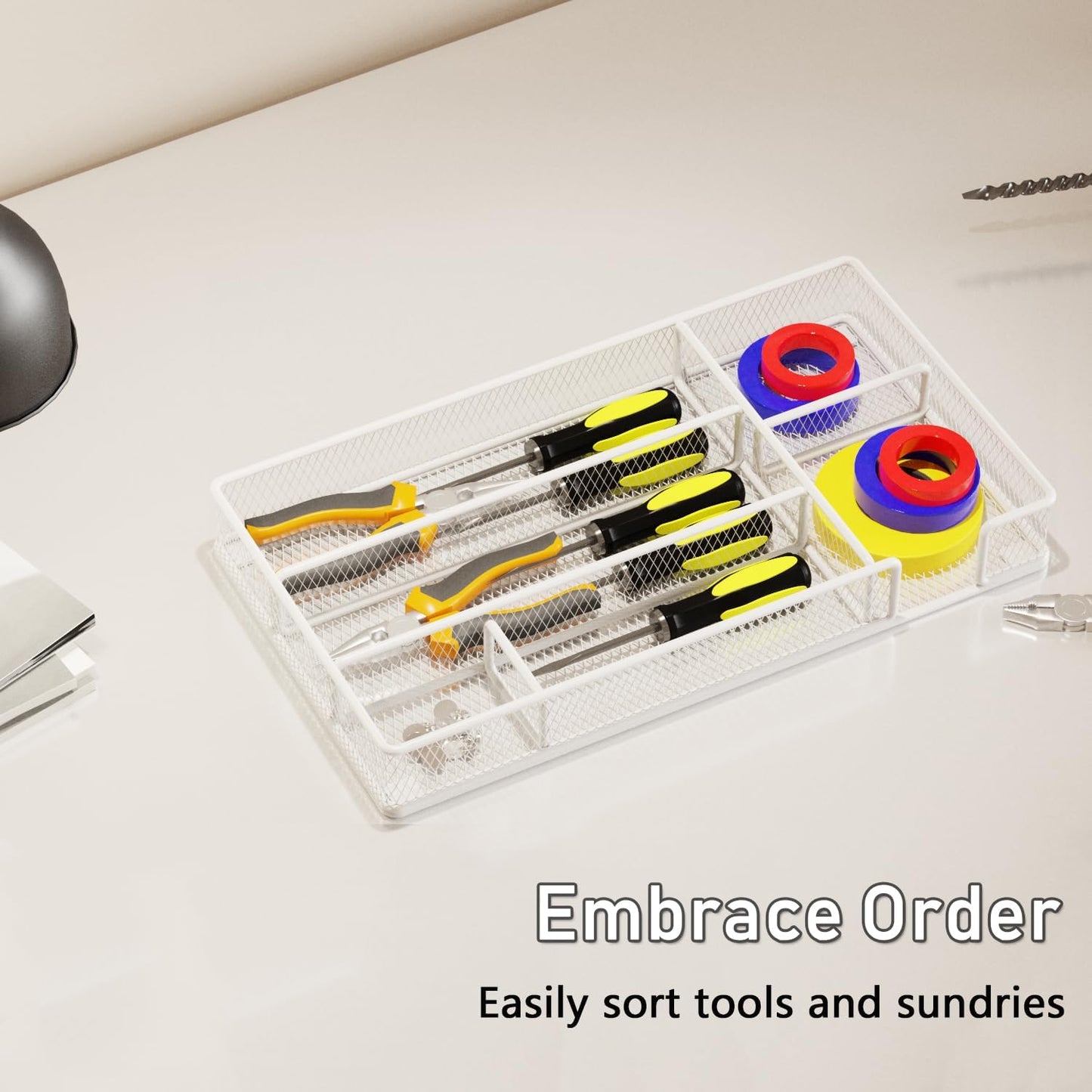 Desk Drawer Organizer Tray, Mesh Desk & Office Drawer Organizer, Suitable for Tools, Pencils & Office Supplies Storage (White)