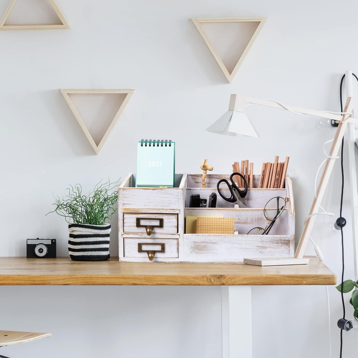 Distressed Rustic Wooden Office Desktop Organizer Shelf Tabletop Home Organizer Storage with Multiple Compartments 2 Tier Drawers perfect Jewelry storage Display Box for Desk Vanity (Washed white)