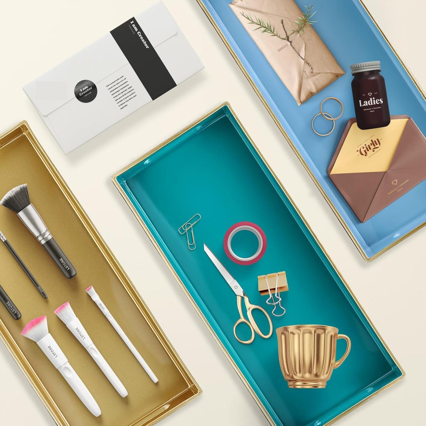 Plastic Gold Vanity Tray with Handles, Small Decorative Tray Desktop Storage Organizer for Bathroom, Living Room, 13.7"*5.9"*1.37"