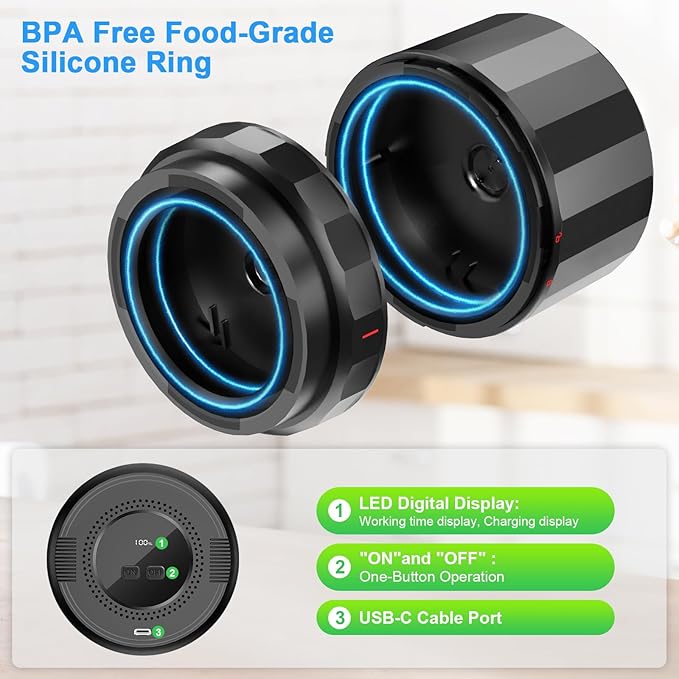 Electric Mason Jar Vacuum Sealer Kit - 2000mAh Battery, Enhanced Motor, Wide & Regular Mouth Lids Compatible, Black - Ideal for Canning