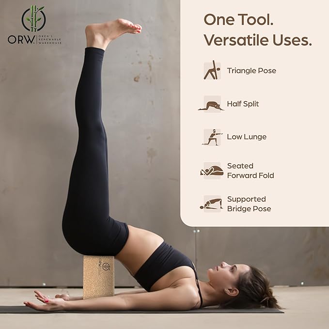 ORW Natural Cork Yoga Block – 9”x6”x3”, 1.5 lbs – Heavyweight, Non-Slip, Eco-Friendly – Dense Yoga Prop for All Levels