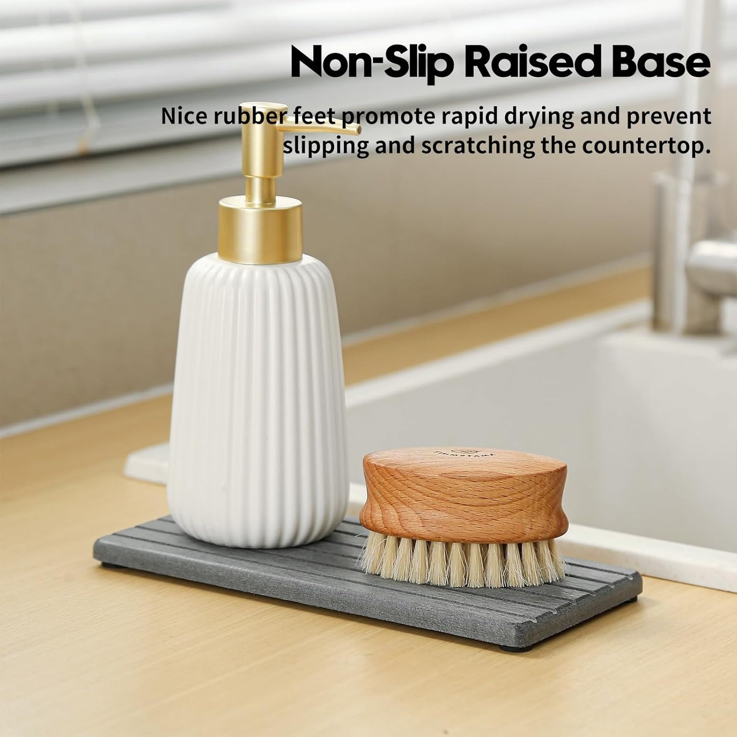 3 Pack Diatomite Stone Sink Tray, Water Absorbing Mat for Kitchen & Bathroom Counter, Quick Dry Soap Dish Makeup Vanity Caddy,Sponge Holder Organizer, Dark Gray 1pc of 8"x 3.8" and 2pcs of 3.8"x 3.8"