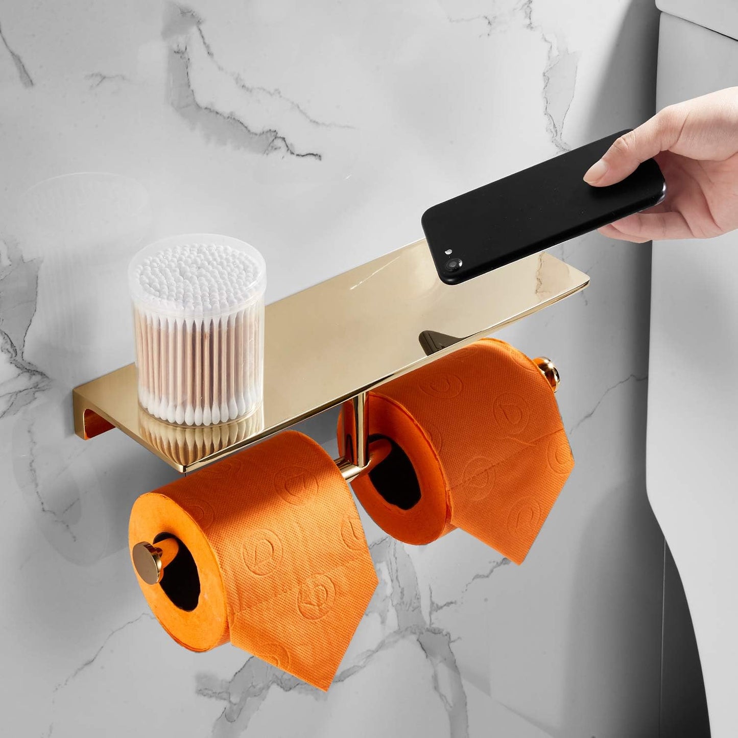 Double Roll Toilet Paper Holder with Shelf Solid Brass and Superior Hotel Style Tissue Dispenser Spared Storage Polished Gold Finish