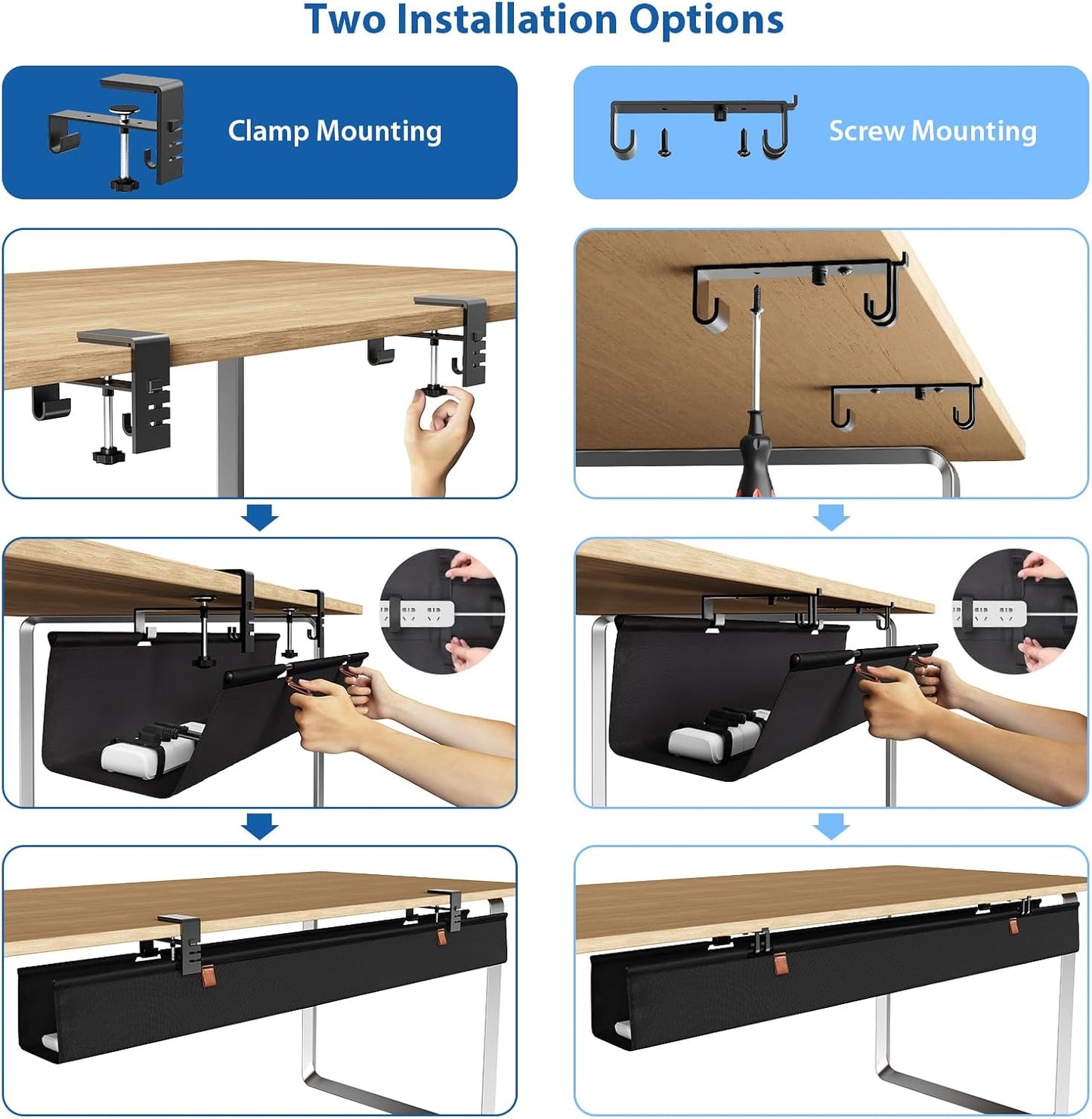 Zilink No Dril Under Desk Cable Management Tray 40" Cable Organizer Clamp/Screw Mount Premium Fabric Desk Wire Management for Office Home