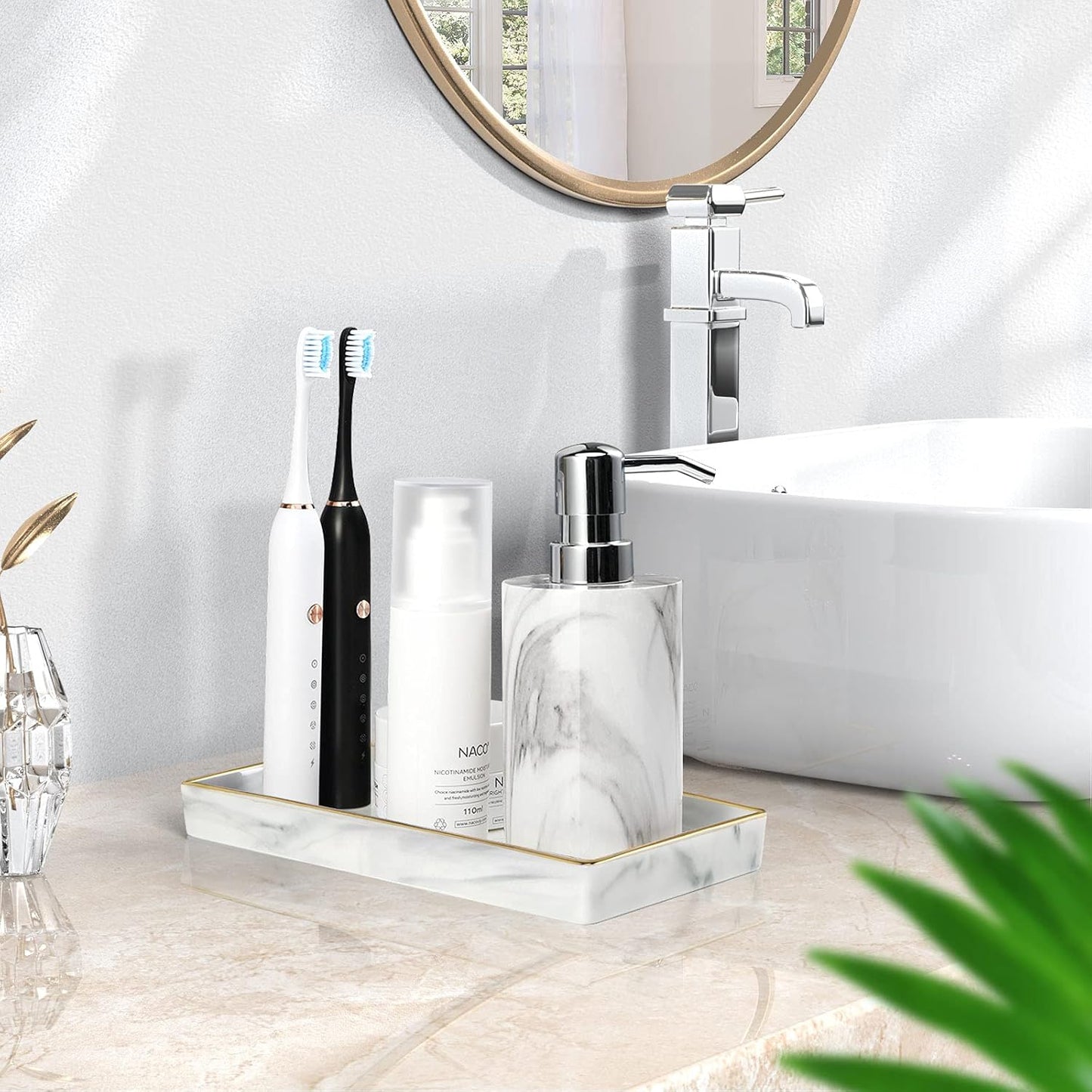 Luxspire Vanity Tray, Marble Ceramic Jewelry Dish Tray, Bathroom Tray with Golden Edged Home Décor, Countertop Organization Bathroom Holder Organizer for Candles, Perfume - Marble White