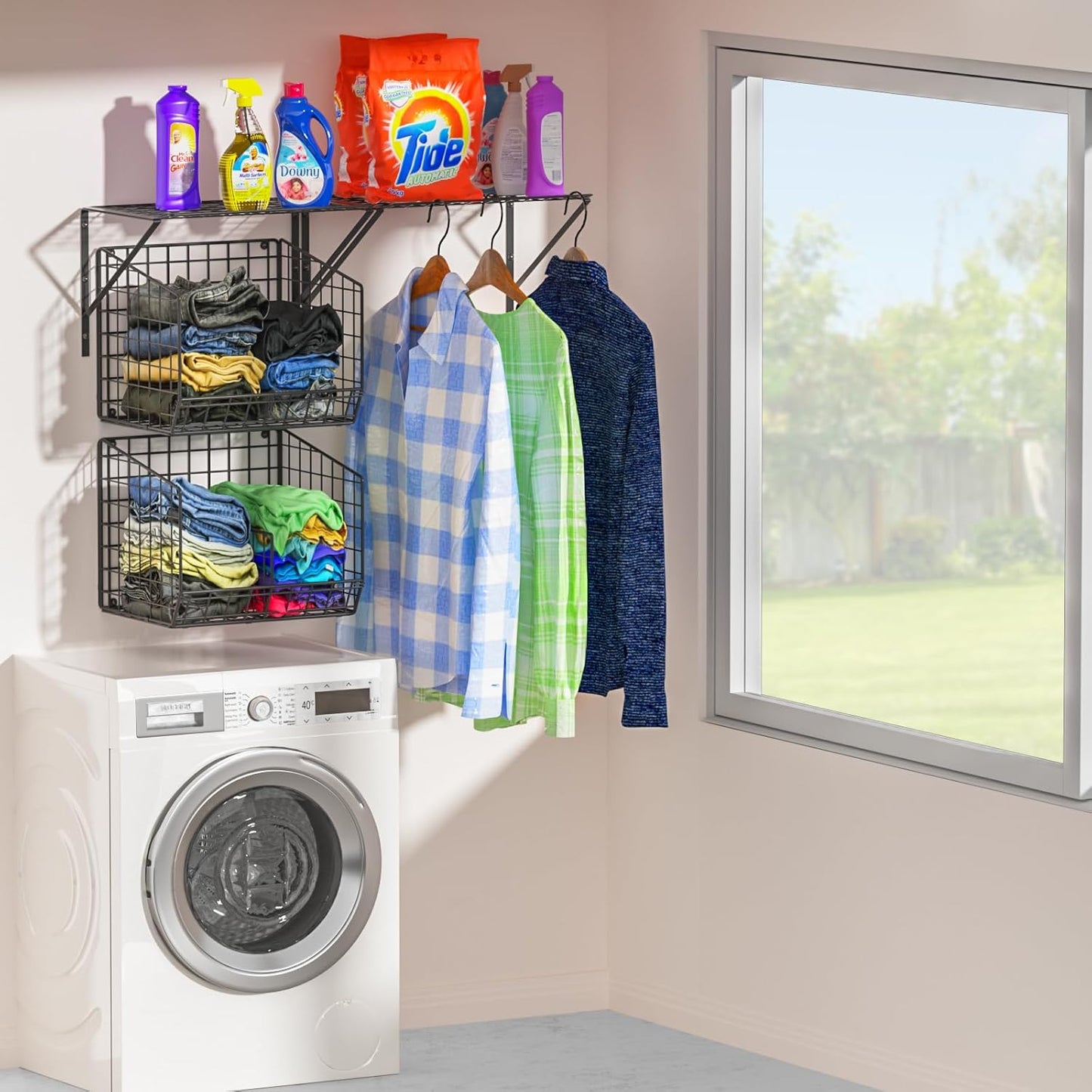 2 Pack Laundry Room Shelves with Wire Baskets, Over the Washer and Dryer Shelf, Wall Mounted Storage and Clothes Drying Rack, Wire Shelves Baskets for Laundry Closet Organization and Storage-Black