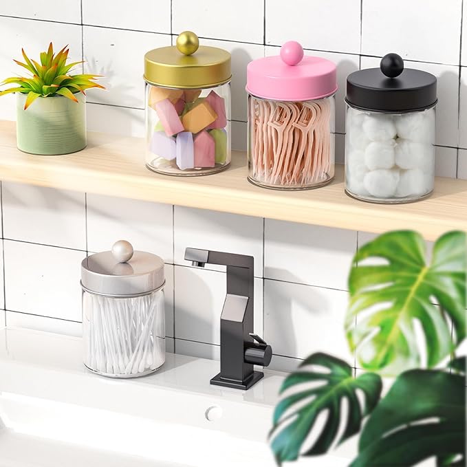 4 Pack Glass Apothecary Jars with Lids for Bathroom, Cute Qtip Holder, Pink Bathroom Accessories Set, Small Bathroom Canisters with Lids for Q-Tips, Cotton Swabs, Pink Bathhouses Decor