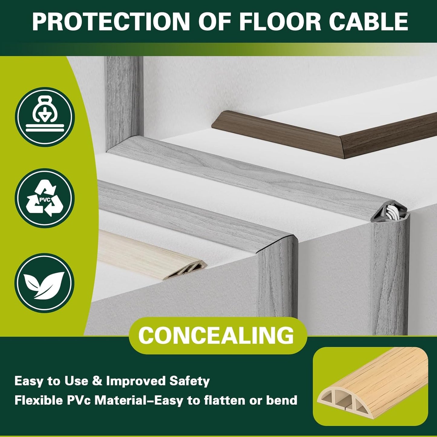 Floor Cord Cover Cable Cavity Self Adhesive Cord Hider Floor, Floor Electric Cord Covers, for Living Rooms, Rooms, Offices Floor Cable Cover - Cord Protector (Yellow Wood, 1.18" x 3.3')