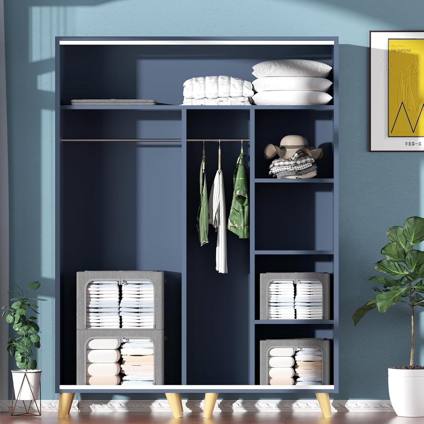 Clothes Storage Bins Box - Linen Fabric Foldable Stackable Container Organizer Set with Clear Window & Carry Handles & Metal Frame (Dark Gray, Medium-36L)