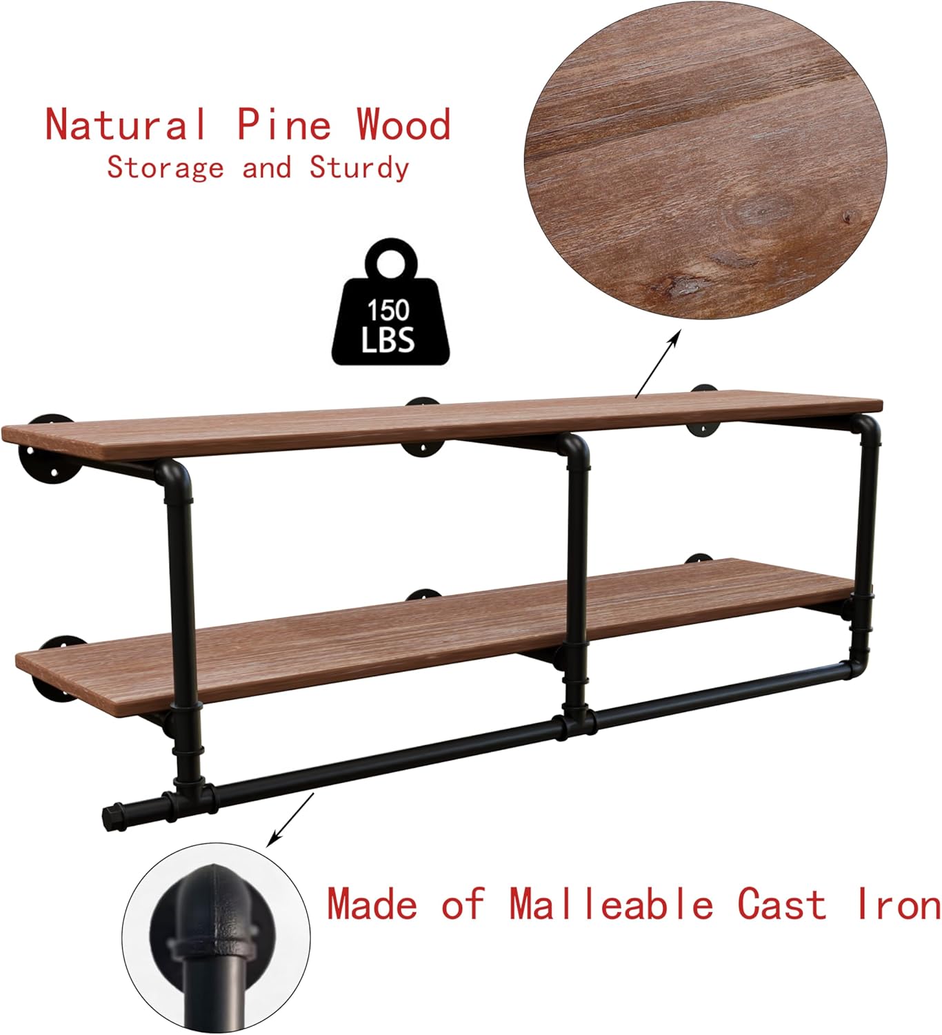 Clothes Rack 48in, Wall Mounted Garment Rack with Real Wood Shelf, Heavy Duty Hanging Clothes Rack, Multi-Purpose Hanging Rod, Space-Saving Closet Storage (2T48IN)