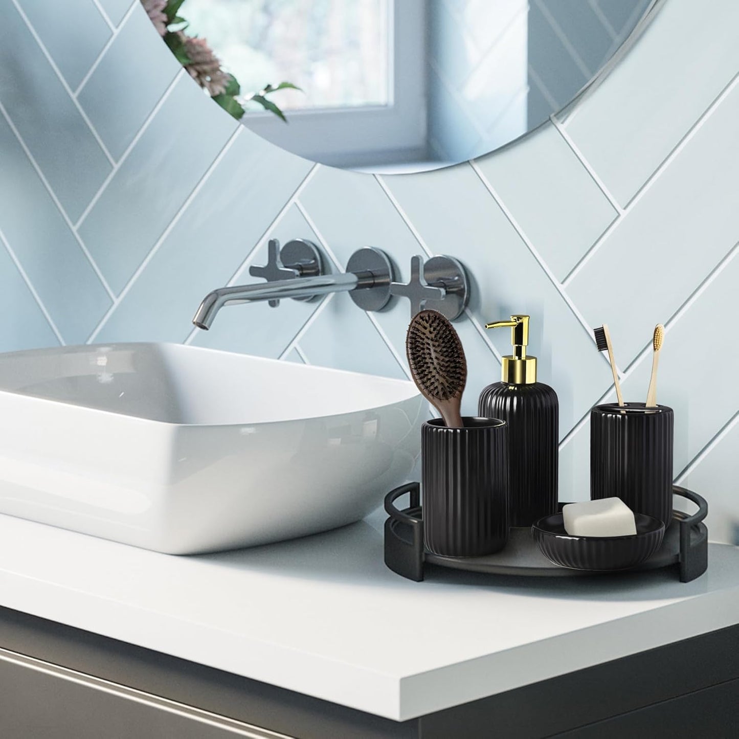 Black Bathroom Accessories Set, 4PC Ceramic Bathroom Sets Complete-Toothbrush Holders, Soap Dispenser, Soap Dish, Toothbrush Cup, Stylish Black Gold Bathroom Decor, Bathroom Organizer for Countertop