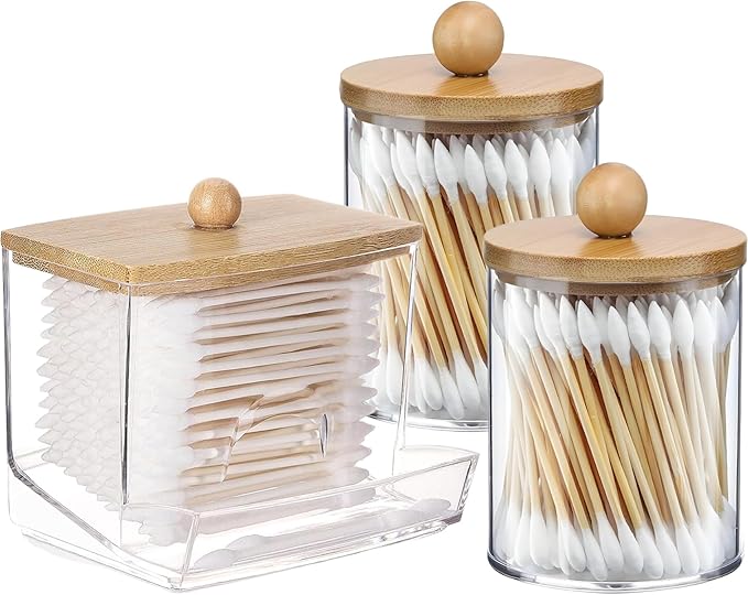 AXX Qtip Dispenser Apothecary Jars Bathroom - Qtip Holder Storage Canister Clear Plastic Jar for Cotton Swab,Q-Tips,Cotton Rounds (C#Bamboo 3Pcs)