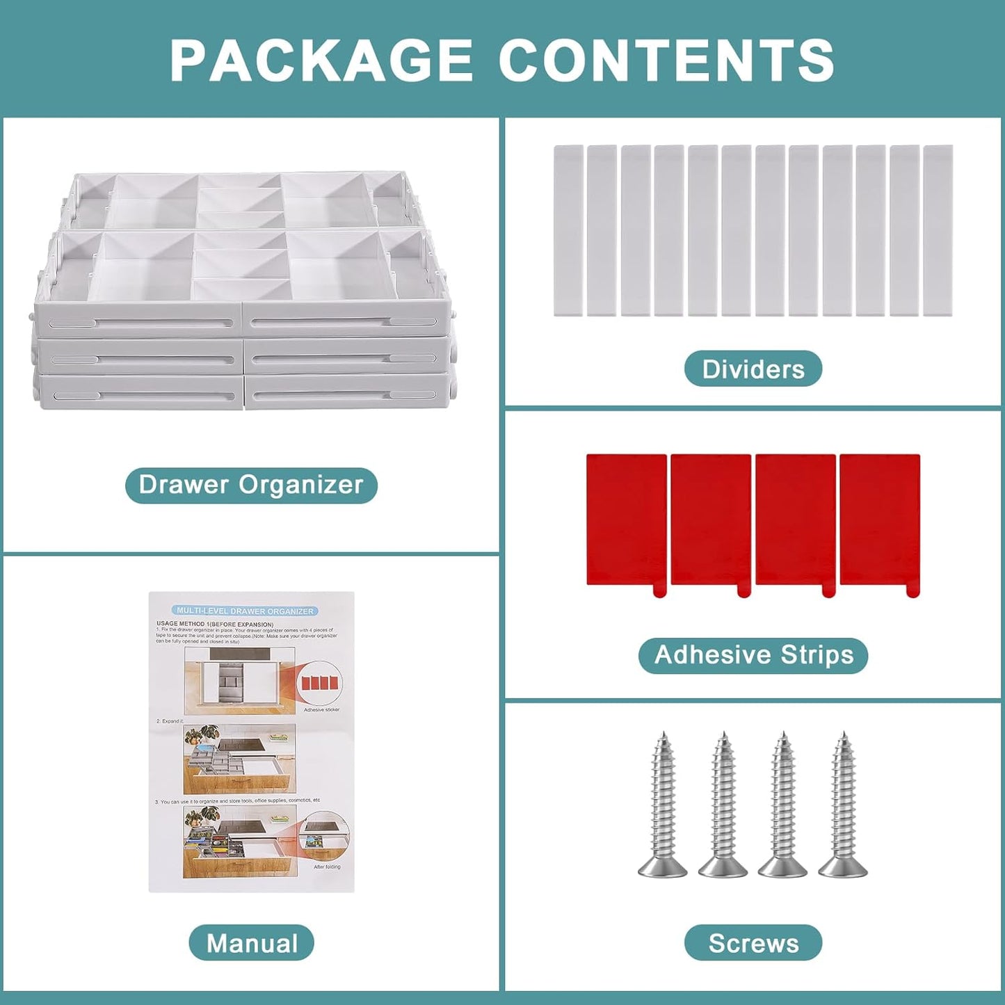 Aobiono Multi Level Smart Drawer Organizer, Multi Tier Expandable Storage Collapsible Foldable Trays for Jewelry, Cosmetics, Makeup, Tools, Battery (White, Double Row - 3 Levels)