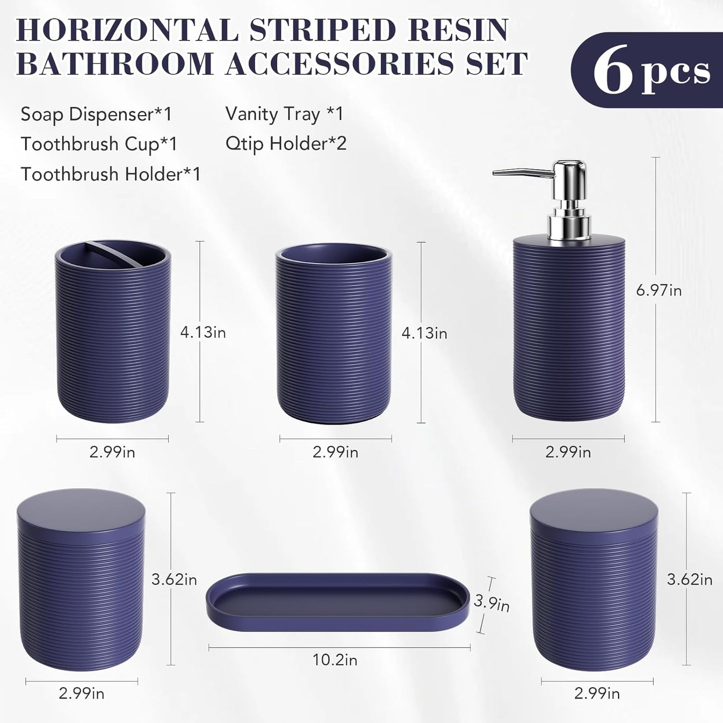 6-Piece Bathroom Accessory Set Resin, Navy Blue Bath Accessories Complete with Toothbrush Holder, Lotion Soap Dispenser, 2 Qtip Holders,Vanity Tray,Bathroom Tumbler - Countertop Vanity Organizer