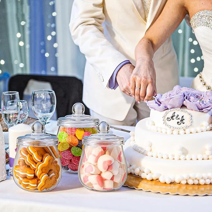 Nuogo 4 Pcs Plastic Candy and Cookie Jars with Lids Clear Cookie Container Candy Jars Large Airtight Apothecary Storage Organization for Wedding Home Kitchen Bar (Classic,16 oz)