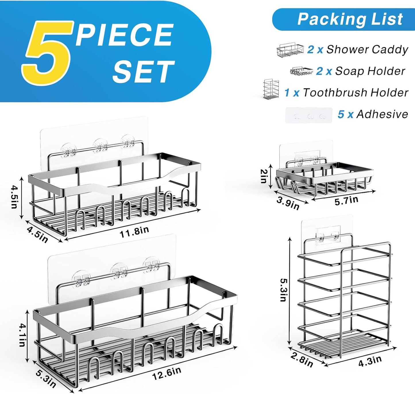 EUDELE 5-Pack Rustproof Stainless Steel Shower Caddy – No Drill Adhesive Bathroom Organizer with Large Capacity, Spacious Shower Shelves for Inside Shower, Kitchen & Home Decor Storage-XL Size