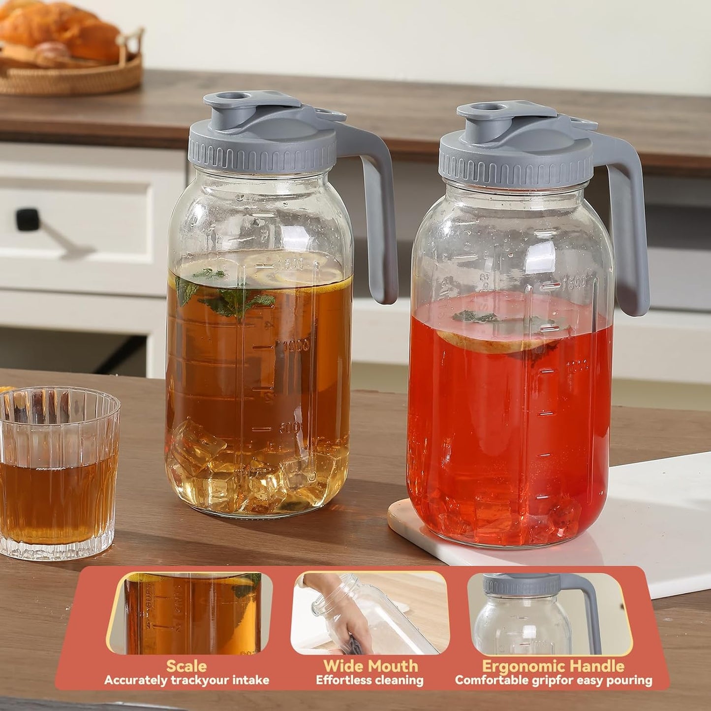 Novelinks 64OZ Glass Pitcher with Lid, Wide Mouth Mason Jar Pitcher, Leak-proof Water Jug for Juice, Milk,iced Coffee Lemonade Tea,2 Pack