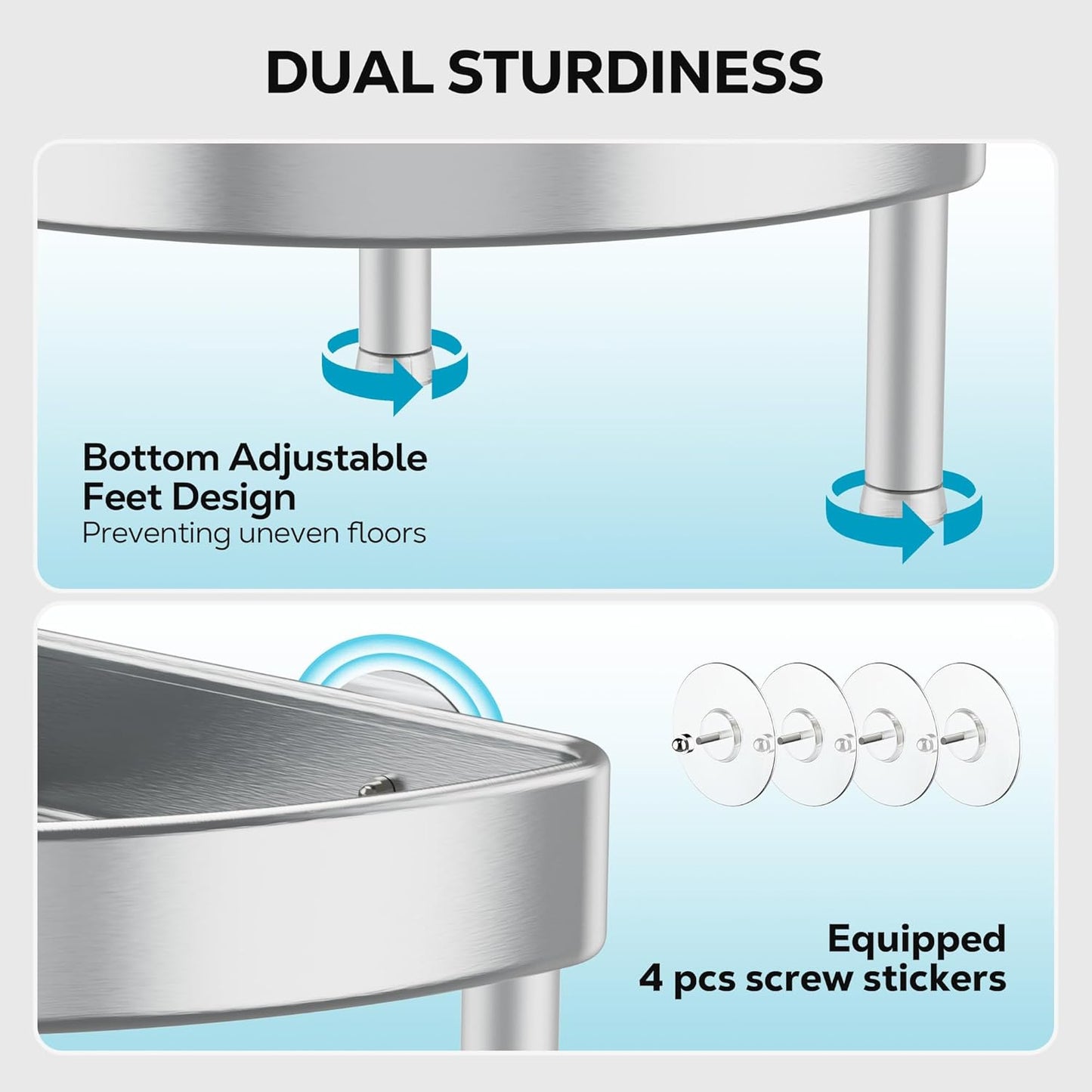 Nieifi Corner Shower Caddy Stand-4 Tier Rustproof Anodized Aluminum Standing Shower Organizer-Shower Caddy Corner-Dual Stability to Anti-Shaking-Height-Adjustable Legs for Uneven Surfaces-Silver