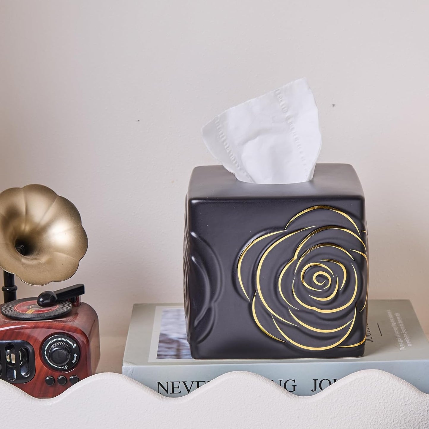 Black Ceramic Cube Tissue Box Cover with Gold Rose – Large Elegant Rose Floral Square Decorative Tissue Box Holder for Bathroom, Bedroom, Office Desk, Kitchen Counter – Perfect Housewarming Gift