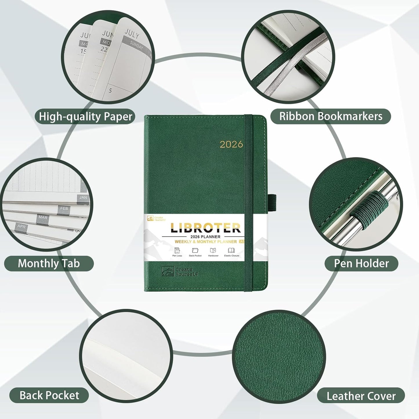 2026 Planner - Planner 2026, 2026 Weekly Monthly Planner, Jan.2026 - Dec.2026, 5.7'' x 8.4'', Thick Paper, Leather Cover, Pen Holder, Back Pocket, Bookmarks, Perfect Daily Organizer - Dark Green