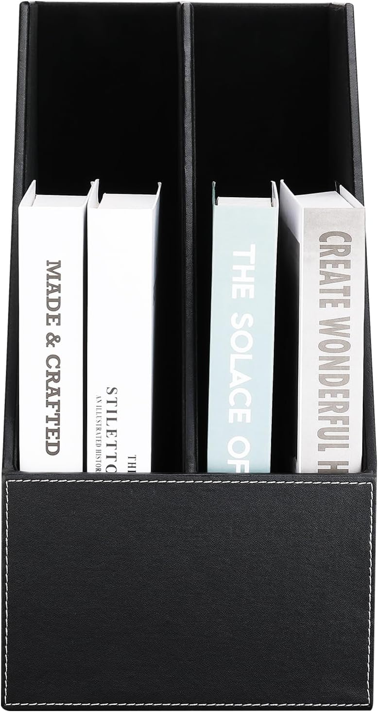 KINGFOM Wooden Leatherette Desktop File Folder Organizer and Document File Stand Journals Magazine Rack 2 Slots (black)