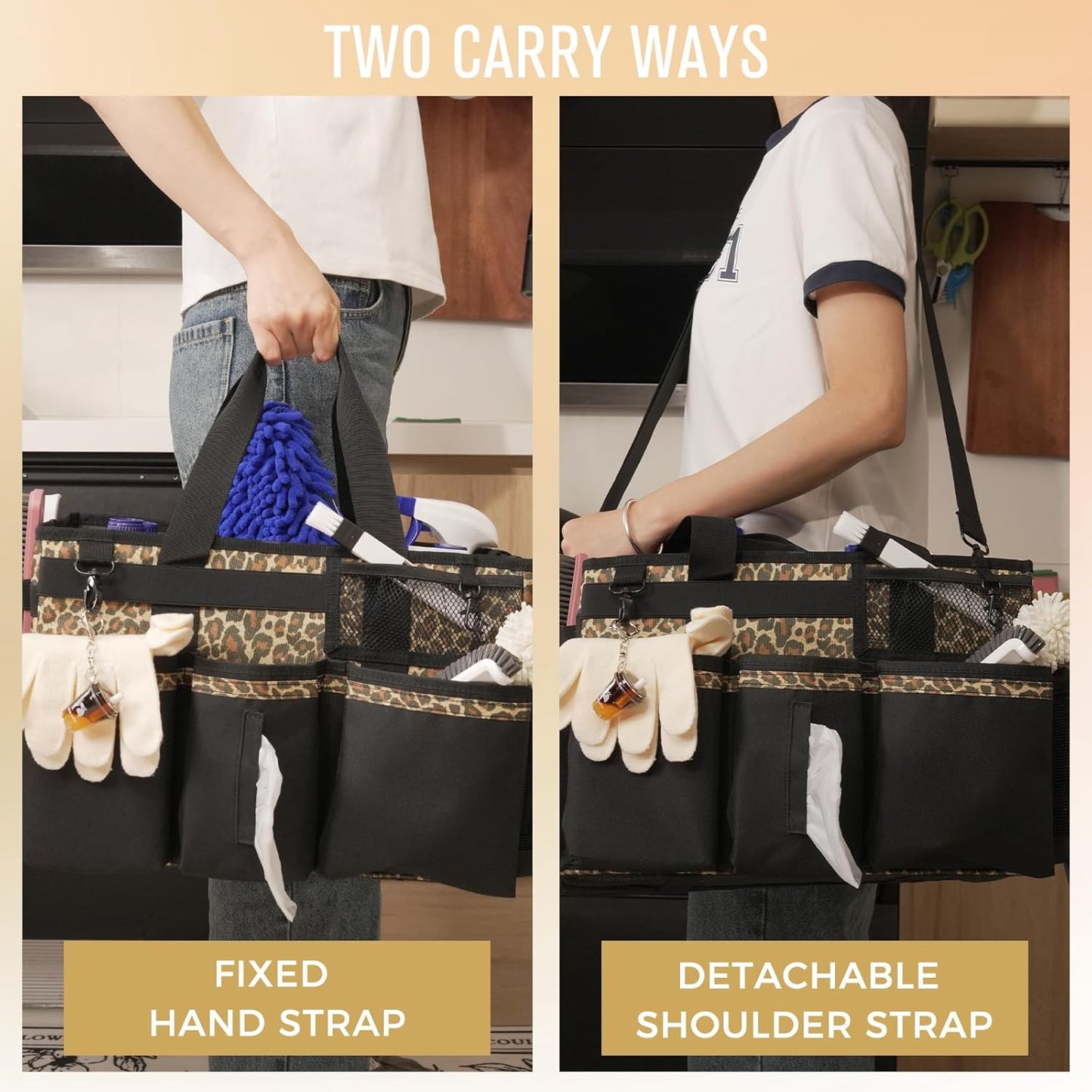 Wearable Cleaning Caddy, Cleaning Caddy Supplies Organizer with Handle & Shoulder Straps for Housekeepers, Under Sink & Car Cleaning Tool Organizers Bag with 4 Foldable Divider (Leopard)