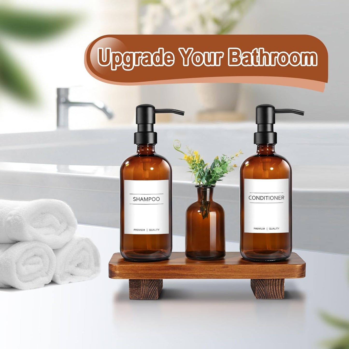 Kitchen Soap Dispenser Set with Wood Riser Tray, Amber Glass Soap Dispenser with Stainless Steel Pump, Hand and Dish Soap Dispenser Set for Kitchen, Soap and Lotion Dispenser Bathroom Decor(Amber)