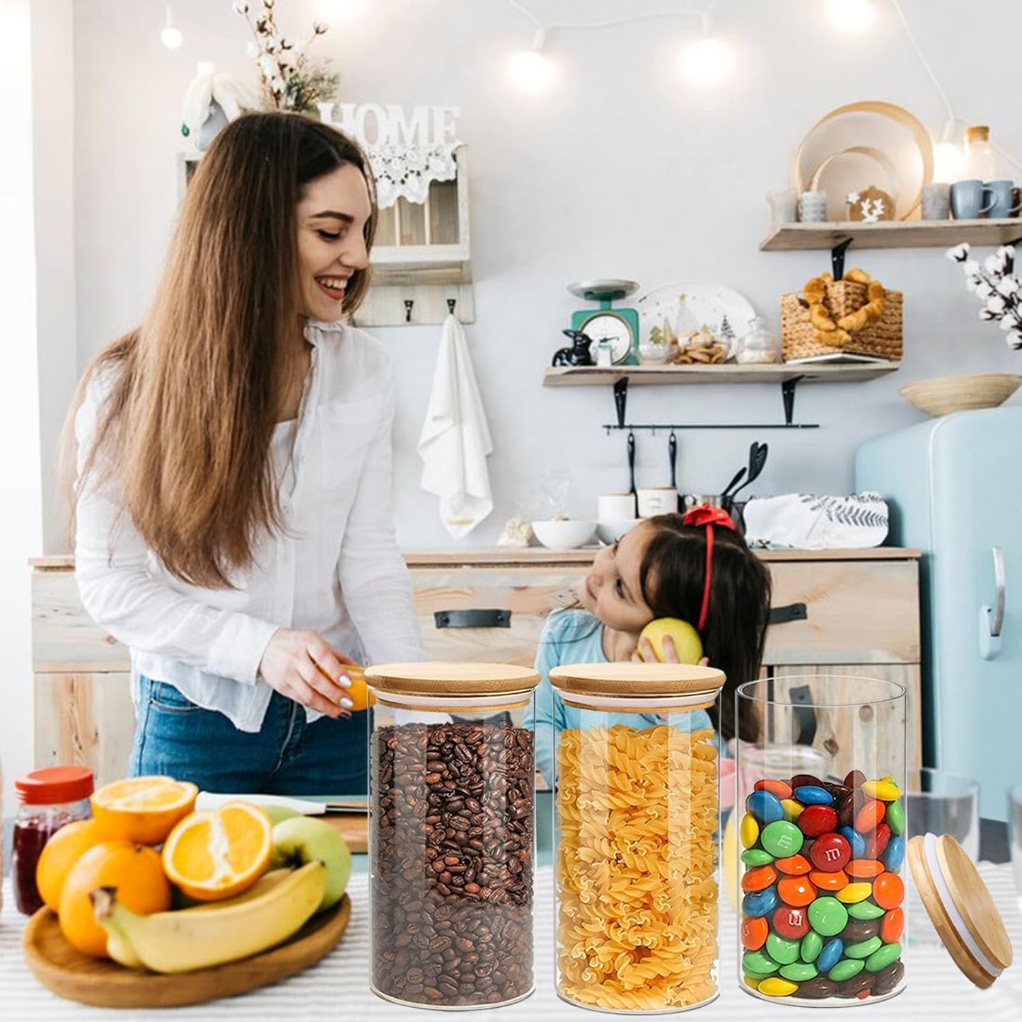 1.5 Qt Round Glass Storage Containers with Lids, Clear Food Storage Container Jar with Sealing Bamboo Lid for Noodles Flour Cereal Rice Sugar Tea Coffee Beans(Round-3Pack )