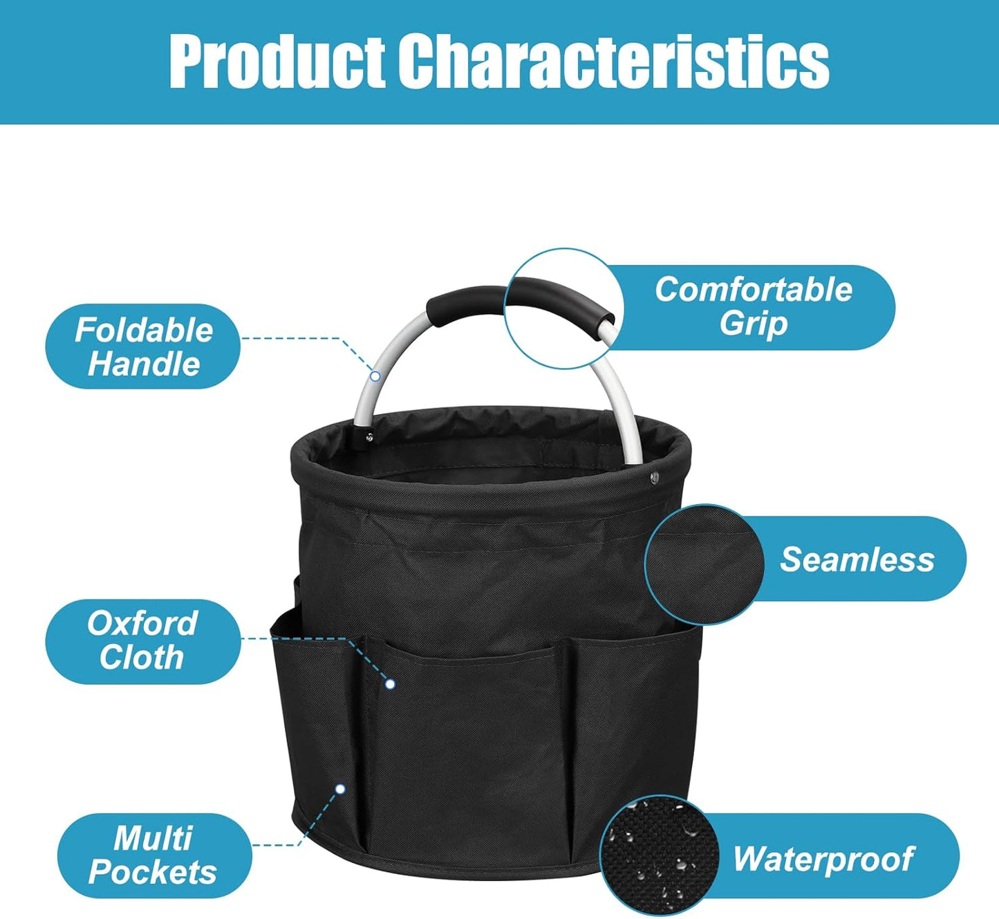Cleaning Caddy with Handle, 17L Cleaning Supply Caddy Foldable Bucket Organizer Cleaning Products Organizers Cleaning Tools Bag 4.5 Gallon (Black)