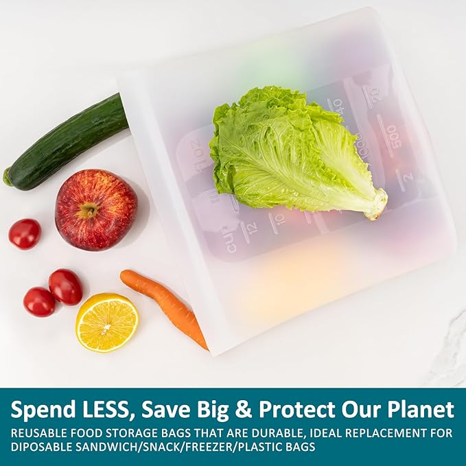 Extra Large Reusable Silicone Food Storage Bags 4 Pack, 0.8 Gallon/3000ml, 100% Silicone Stand-Up Wide-Open Zip-Lock Reusable Bags for Large Items, Microwave Freezer Oven Dishwasher Safe, Translucent