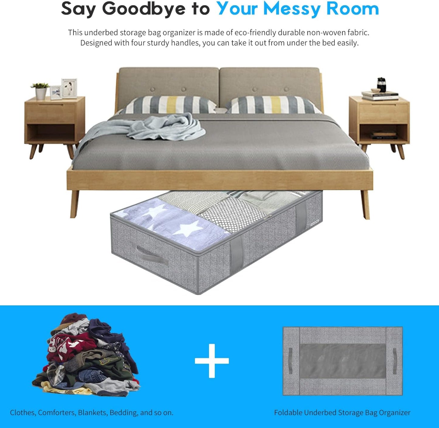 Onlyeasy Large Underbed Storage Bags Organizer Container (2 Pack) with 4 Handles and 2 Sturdy Zippers, Blankets Clothes Comforters Foldable Storage Bags with Clear Window, Herringbone Grey, MXRUBBP2